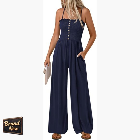 Sleeveless Wide Leg Jumpsuit Smocked Waist Pockets Summer Casual